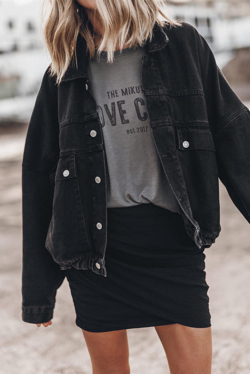 Metal Buttons Flap Pocket Drop Shoulder Denim Jacket